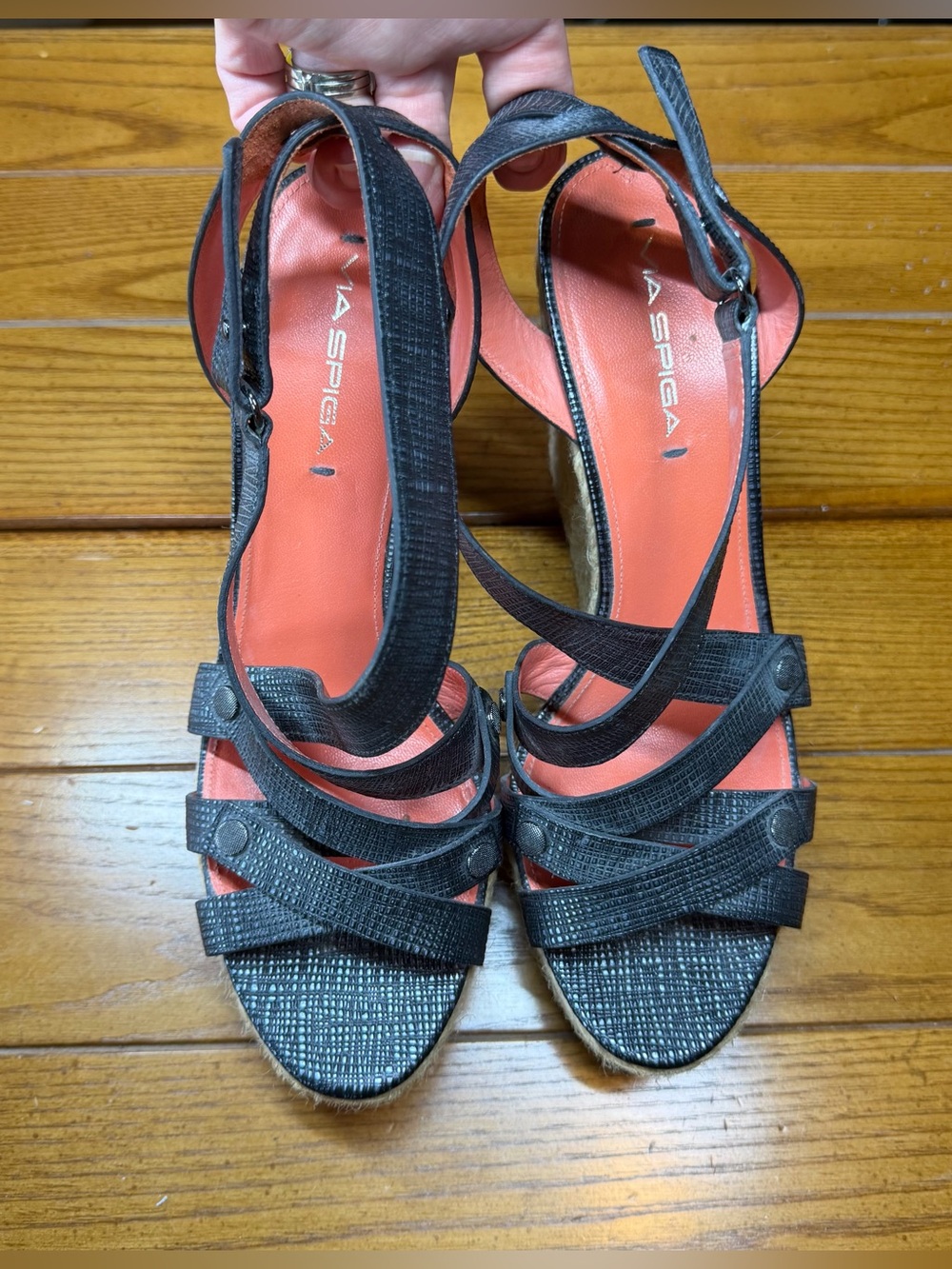 Via Spiga Black Leather Espadrille Wedge Sandal 10